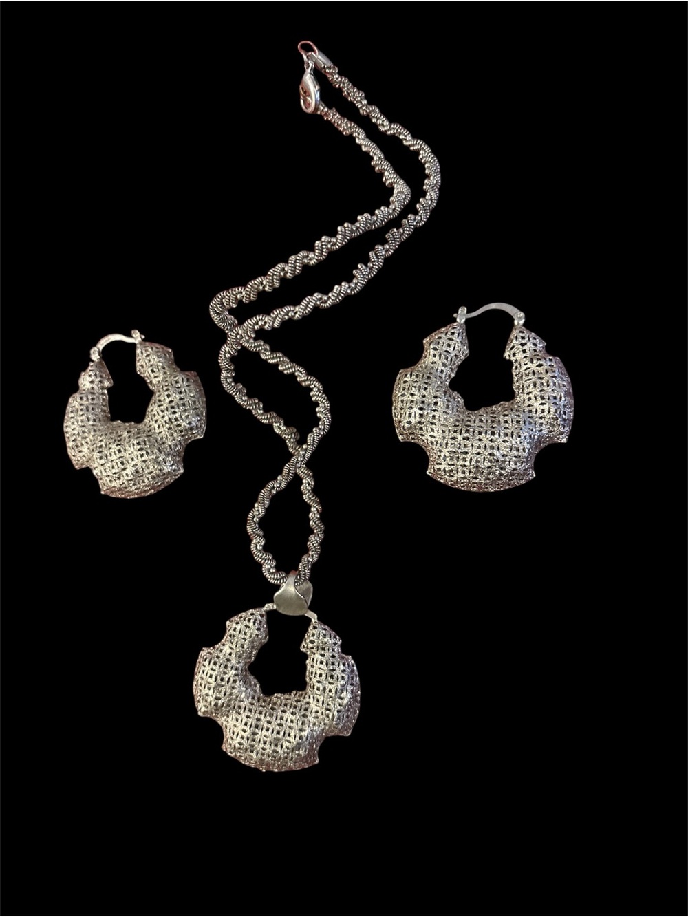 Textured Silver-Tone Pendant Necklace with Matching Hoop Earrings